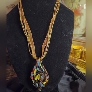 Murano-Style Art Glass Mosaic Pendant Necklace | Gold Ribbon Cord | Boho